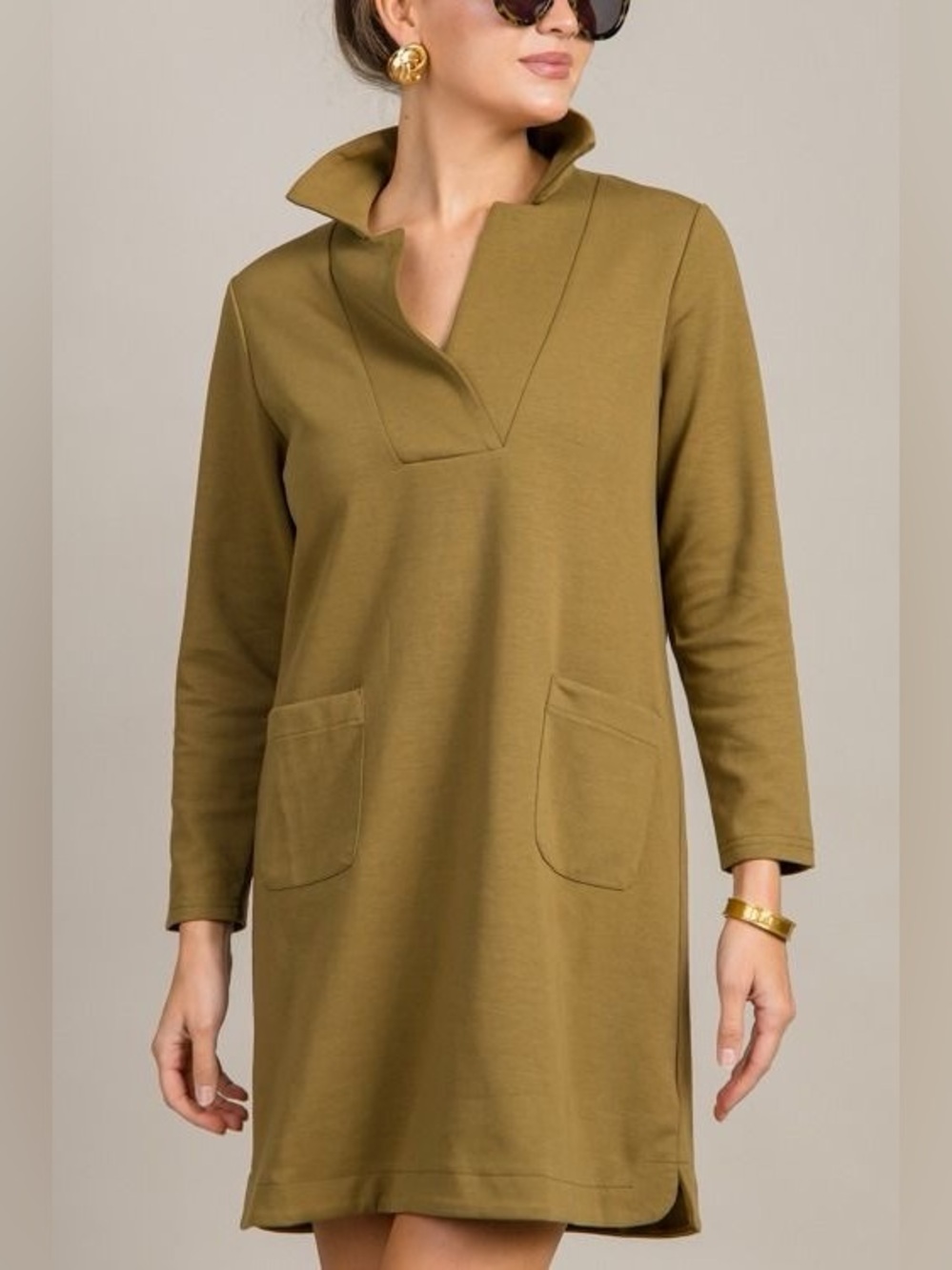 ENTRO Phoebe Vneck Knit Mini Longsleeve Dress Medium Olive Green - Picture 3 of 11